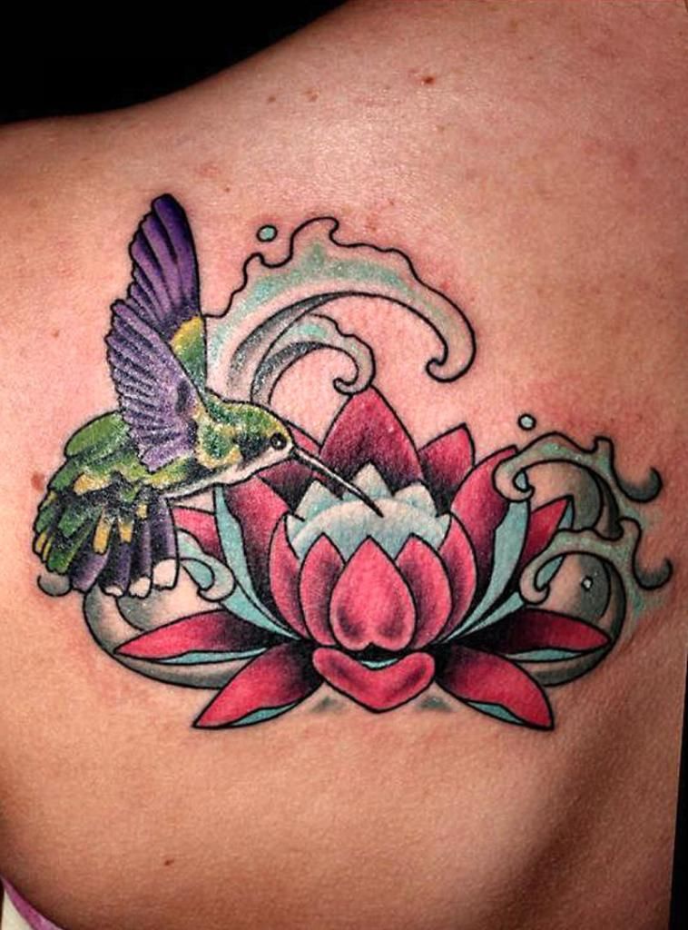 Lotus Flower Tattoo with Humming Bird