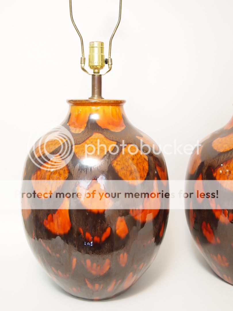   Century Brutalist Drip Glaze Retro Lamps Pair Orange Ceramic Vintage