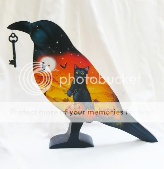 OOAK Original Halloween Double Painting Raven Crow Cut Out Witch Black Cat Key