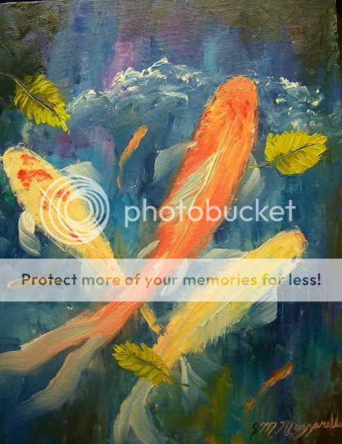 Original Oil Painting Koi Fish Pond Frame Artwork Genuine Mazz Art 11 x 14"