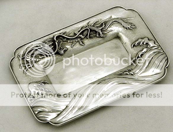 Japanese Sterling Silver Dragon in Crashing Waves Tray Meiji Arthur 