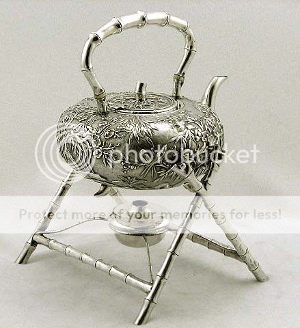 Chinese Export Silver Feeding Chicks Birds & Florals Kettle on Stand 