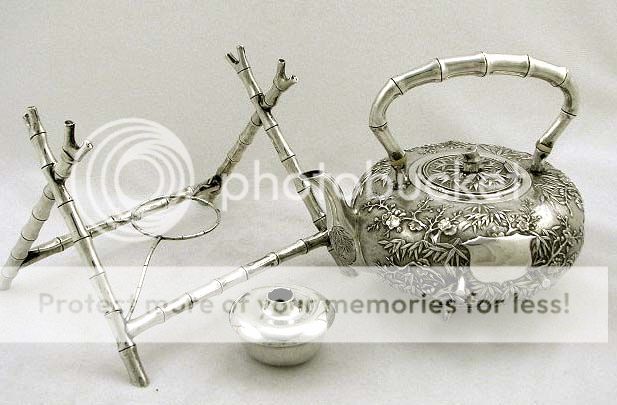 Chinese Export Silver Feeding Chicks Birds & Florals Kettle on Stand 