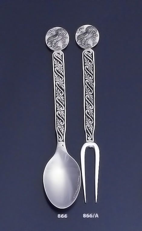 solid sterling silver fork and spoon, fine curved cutlery, owl of wisdom coin, collectible gifts
