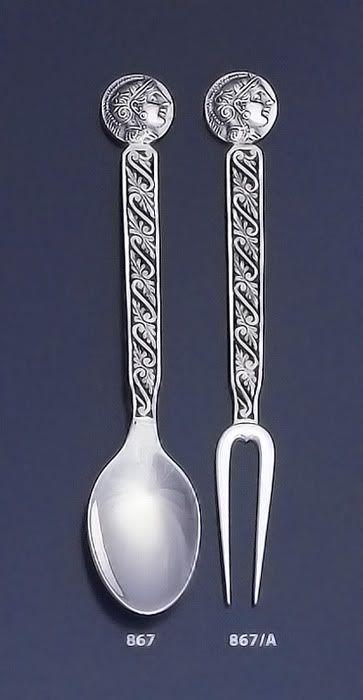 collectible solid sterling silver curved cutlery, silver spoon and fork , Goddess Athena coin