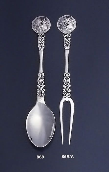 collectible solid sterling silver cutlery, curved spoon and fork , Alexander the Great ( Hercules ) coin, collectable