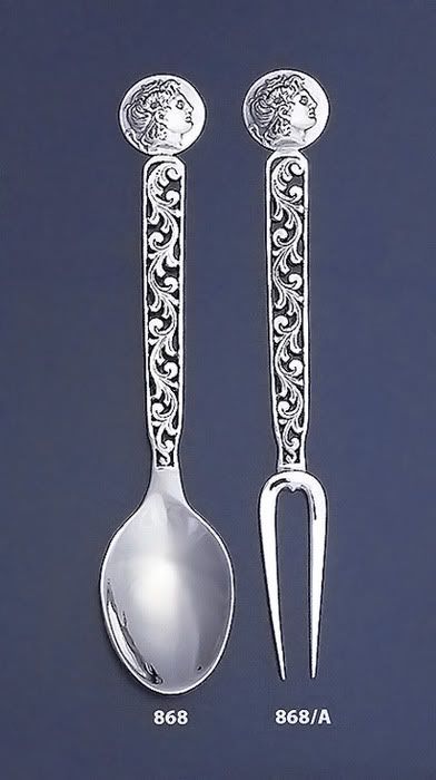 Fine Silver Collectible Cutlery, Alexander the Great (Lysimachos) coin, Silver Spoon and Fork