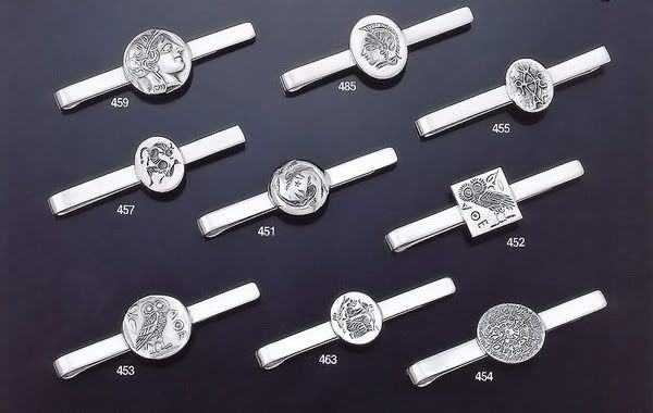 sterling silver tie-bars, tie-pins, ancient greek coins, Goddess Athena, dolphins, owl of wisdom, festos disc, intaglio coin
