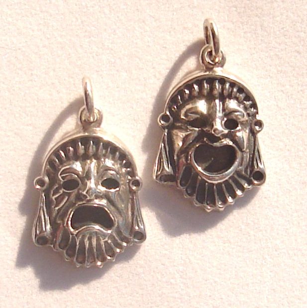 ancient greek theater, theatre, sterling silver drama and comedy mask, god Dionysus, Epidaurus, museum reproductions, sterling silver greek pendants