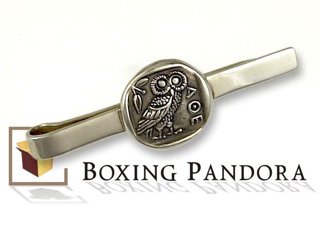 silver tie-bar, tie-pin, greek jewellery, ancient coins, wisdom owl, goddess Athena, Athens