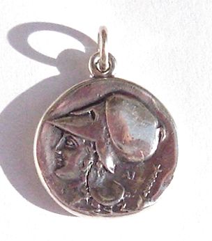 silver coin pendant, ancient Greece, helmetted Athena , goddess Athens, corintian stater
