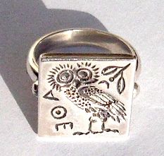 owl of wisdom , intaglio ring, sterling silver, jewellery , ancient Greece, carved ring , seal, goddess Athena