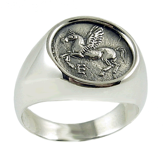 silver greek ring, chevalier, pegasi, pegasus, flying horse, ancient coin, sterling silver jewelry, ancient Greece