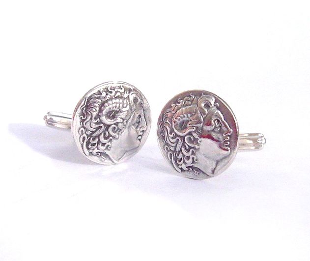 Alexander the Great coin, sterling silver cufflinks, ancient greek jewellery, Lysimachus