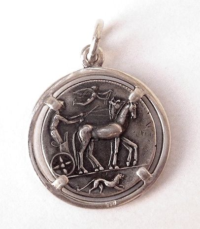 silver coin pendant, charioteer, Nike, Arethusa, Syracuse coin, ancient greek jewelry