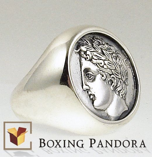 Large Mens Chevalier Greek God Apollo coin ring in Sterling silver.