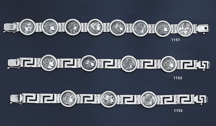 Greek Key / Meander Sterling Silver Bracelets, Coin depicting Owl of Wisdom, Goddess Athena, Alexander the Great, god Apollo, Pegasus, Helios, greek jewels